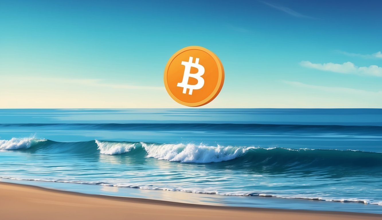 A serene beach with a clear blue sky and gentle waves, a digital currency symbol floating above the water