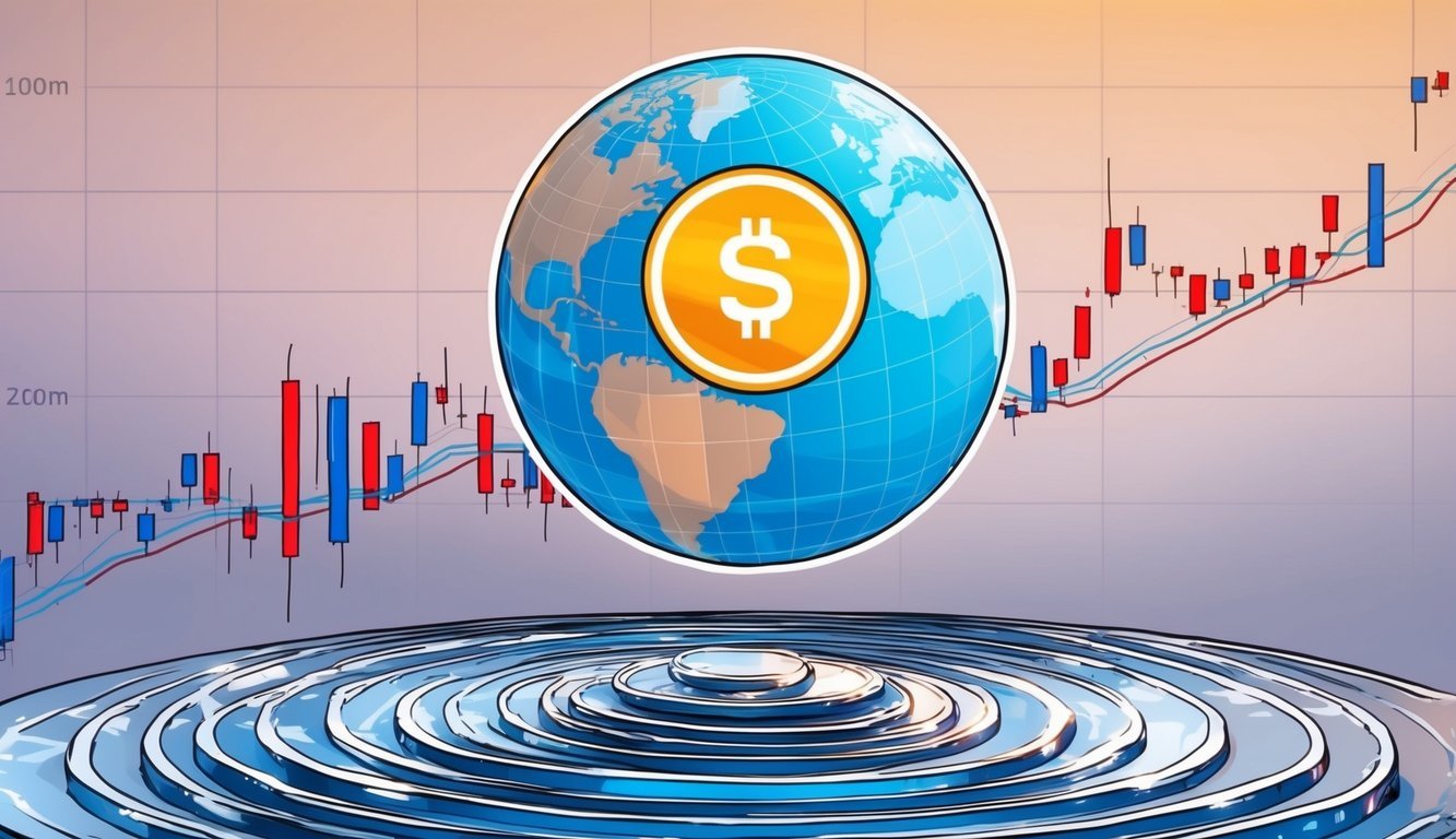 A globe with a stablecoin symbol hovers over a financial market chart, causing ripples of impact and stability