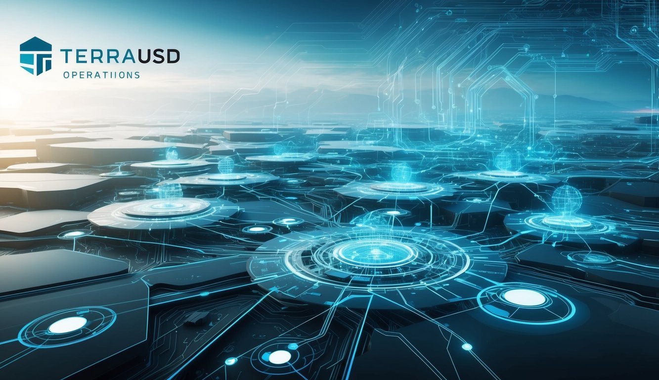 A futuristic digital landscape with interconnected nodes and data streams representing the technology and operations behind TerraUSD (UST)