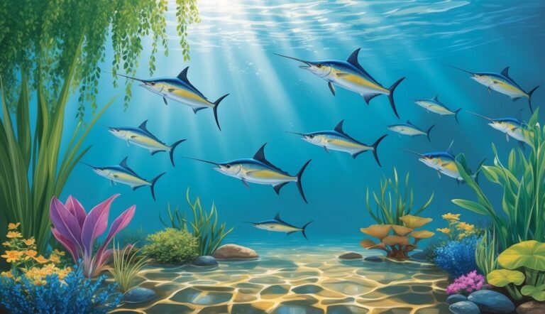 School of swordfish swimming underwater, surrounded by aquatic plants and sunlight