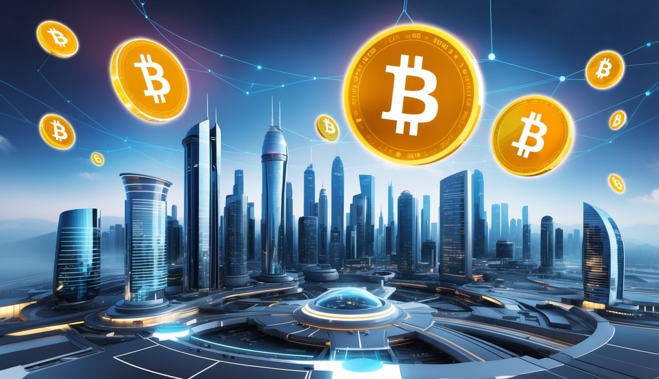 A futuristic city skyline with digital currency symbols floating in the air, surrounded by sleek, modern buildings and high-tech infrastructure