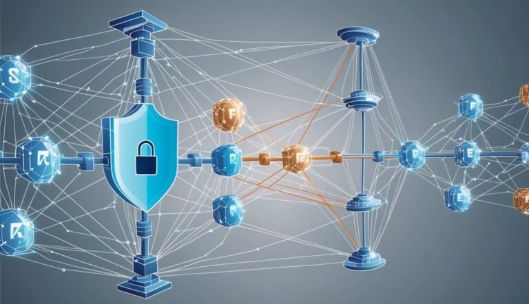 Digital security concept: shield with lock connected to network nodes