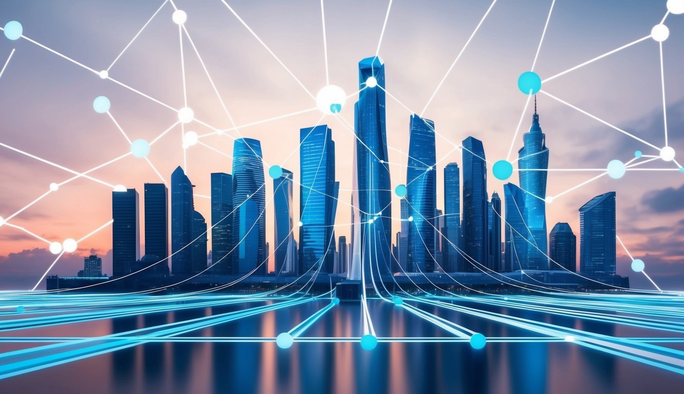 A futuristic city skyline with interconnected lines and nodes representing the technical aspects of Linear Finance (LINA)