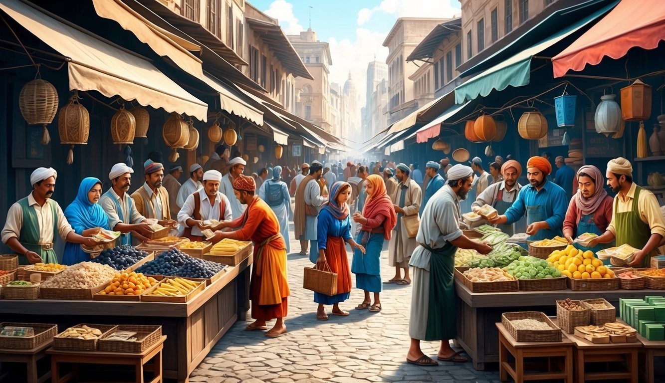 A bustling marketplace with various vendors selling goods, surrounded by a diverse group of people exchanging currency and goods