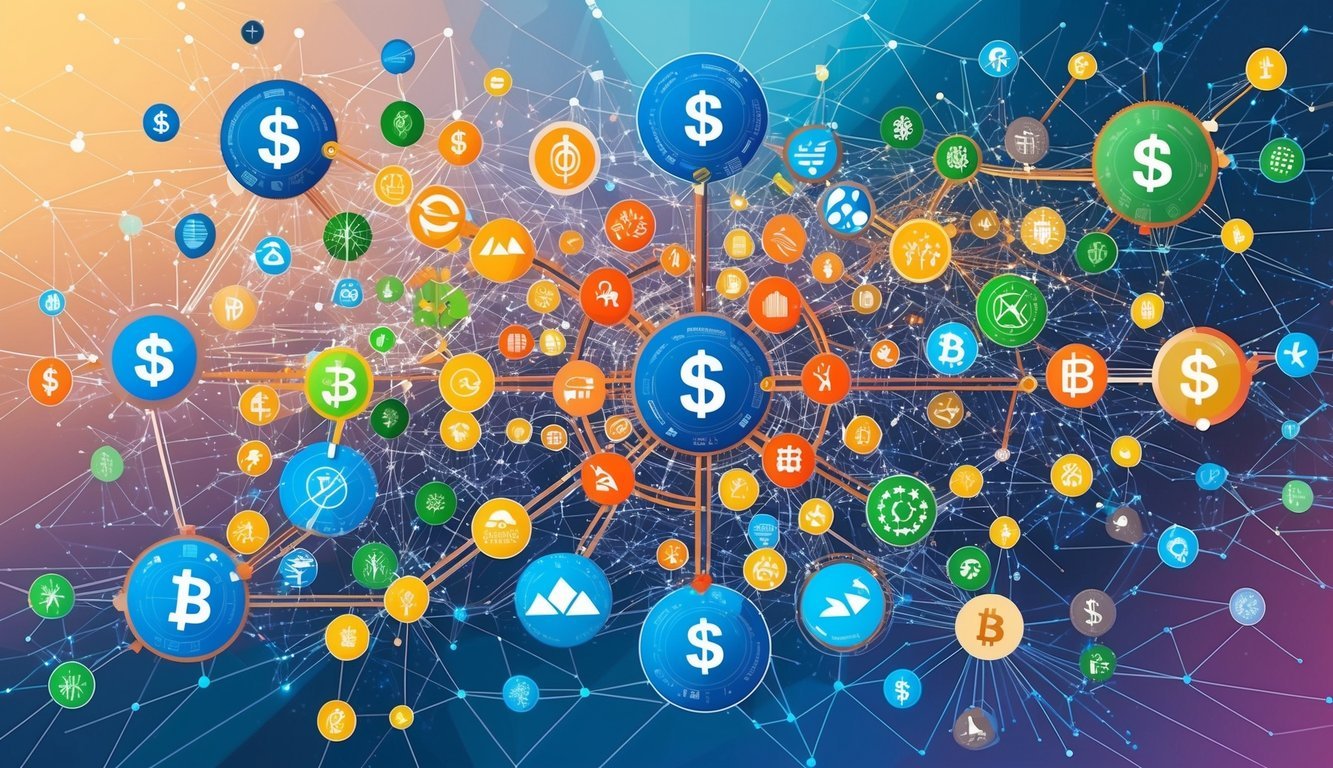 A vibrant, interconnected web of various financial assets and blockchain platforms, symbolizing Linear Finance's ecosystem and interoperability