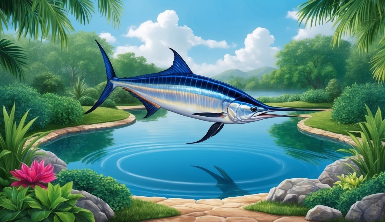 A serene pond surrounded by lush greenery, with a majestic marlin swimming gracefully in the clear water