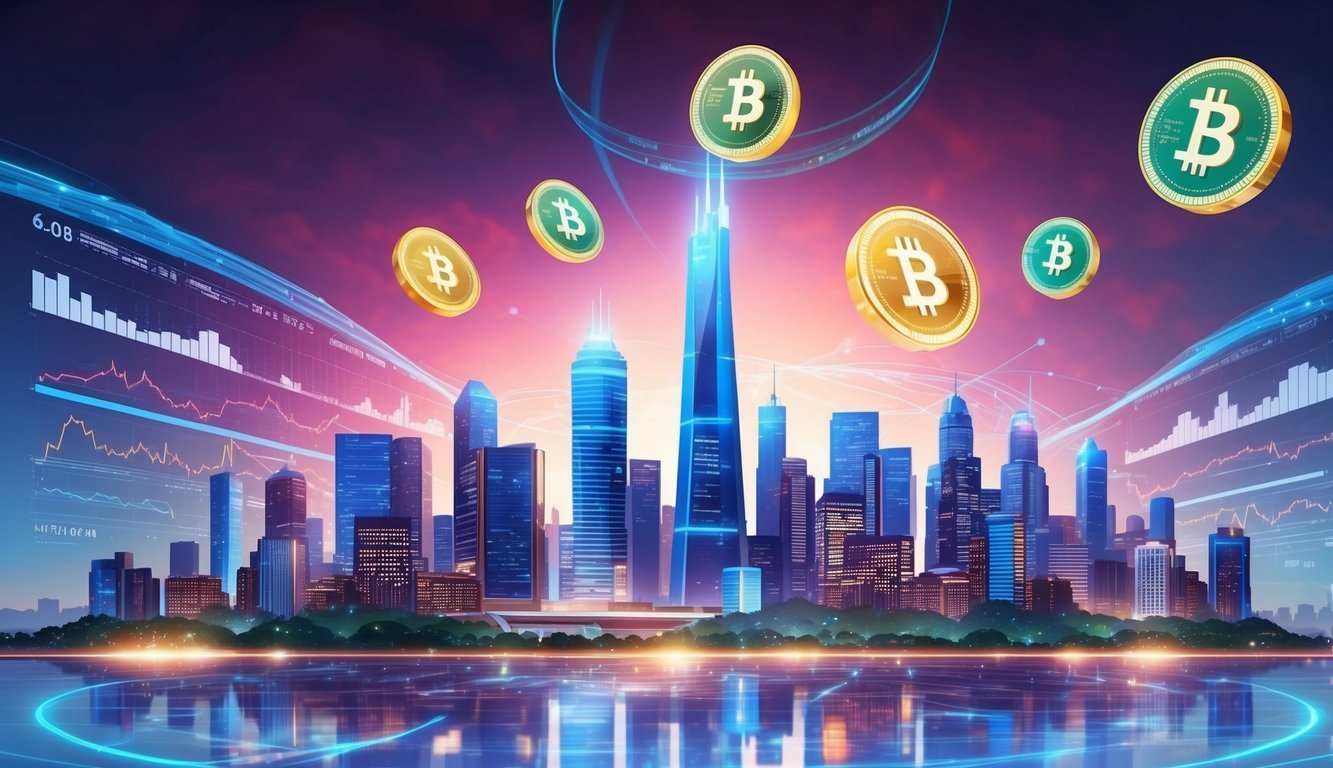 A futuristic city skyline with digital currency symbols floating in the air, surrounded by graphs and charts