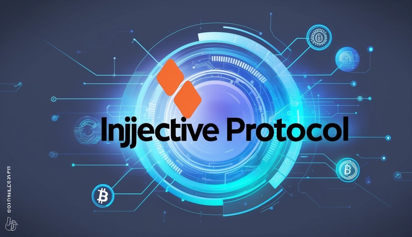 A futuristic, abstract depiction of Injective Protocol's logo and branding, surrounded by digital elements and symbols representing blockchain technology