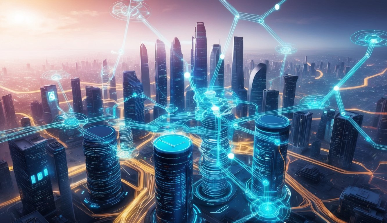 A futuristic cityscape with a glowing, interconnected network of financial data streams