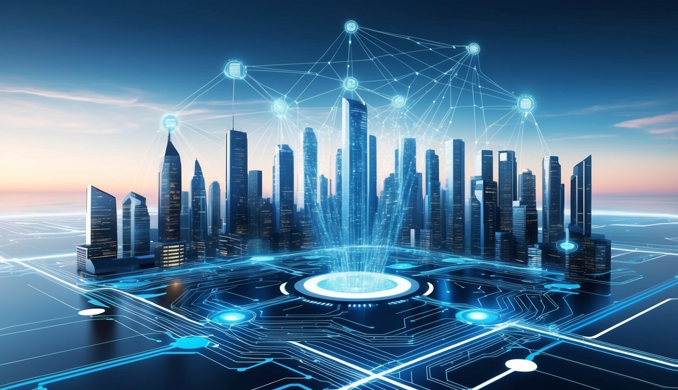 A futuristic city skyline with interconnected digital networks and data streams flowing through a central hub, representing Nerve Finance's technical ecosystem