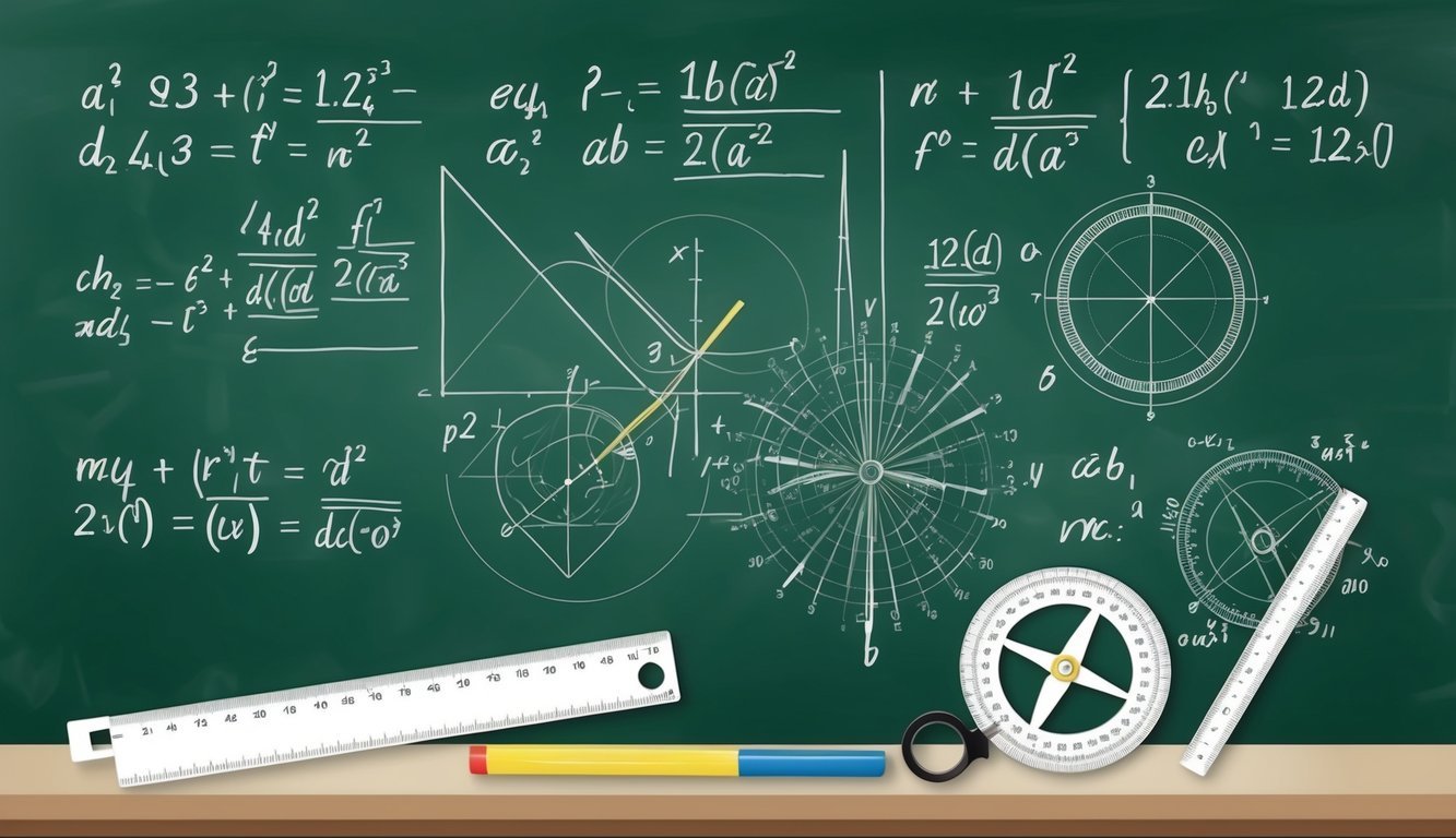 A chalkboard filled with mathematical equations and diagrams.</p><p>A ruler, protractor, and compass lay nearby