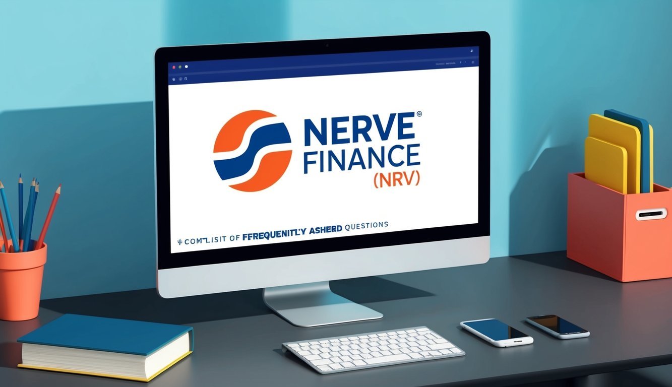 A computer screen displaying the Nerve Finance (NRV) logo with a list of frequently asked questions below it