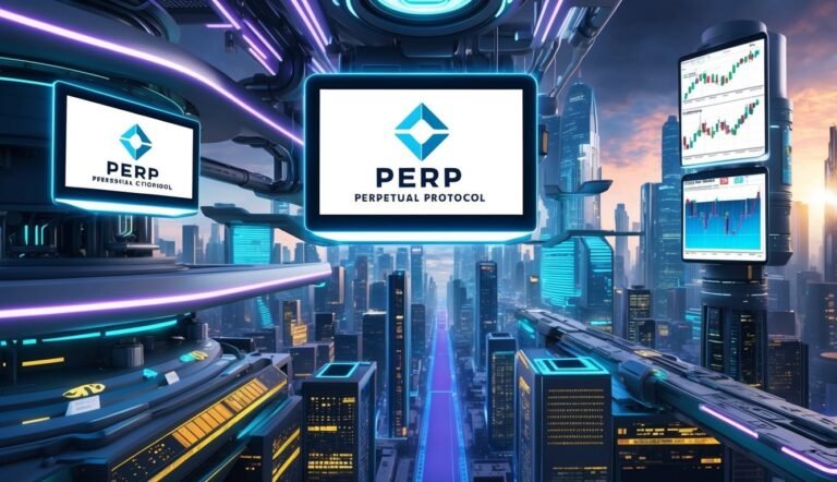 Futuristic cityscape with screens displaying PERP logo and financial charts