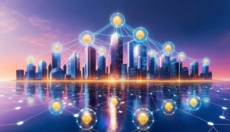 City skyline with connected diamond icons, representing digital network