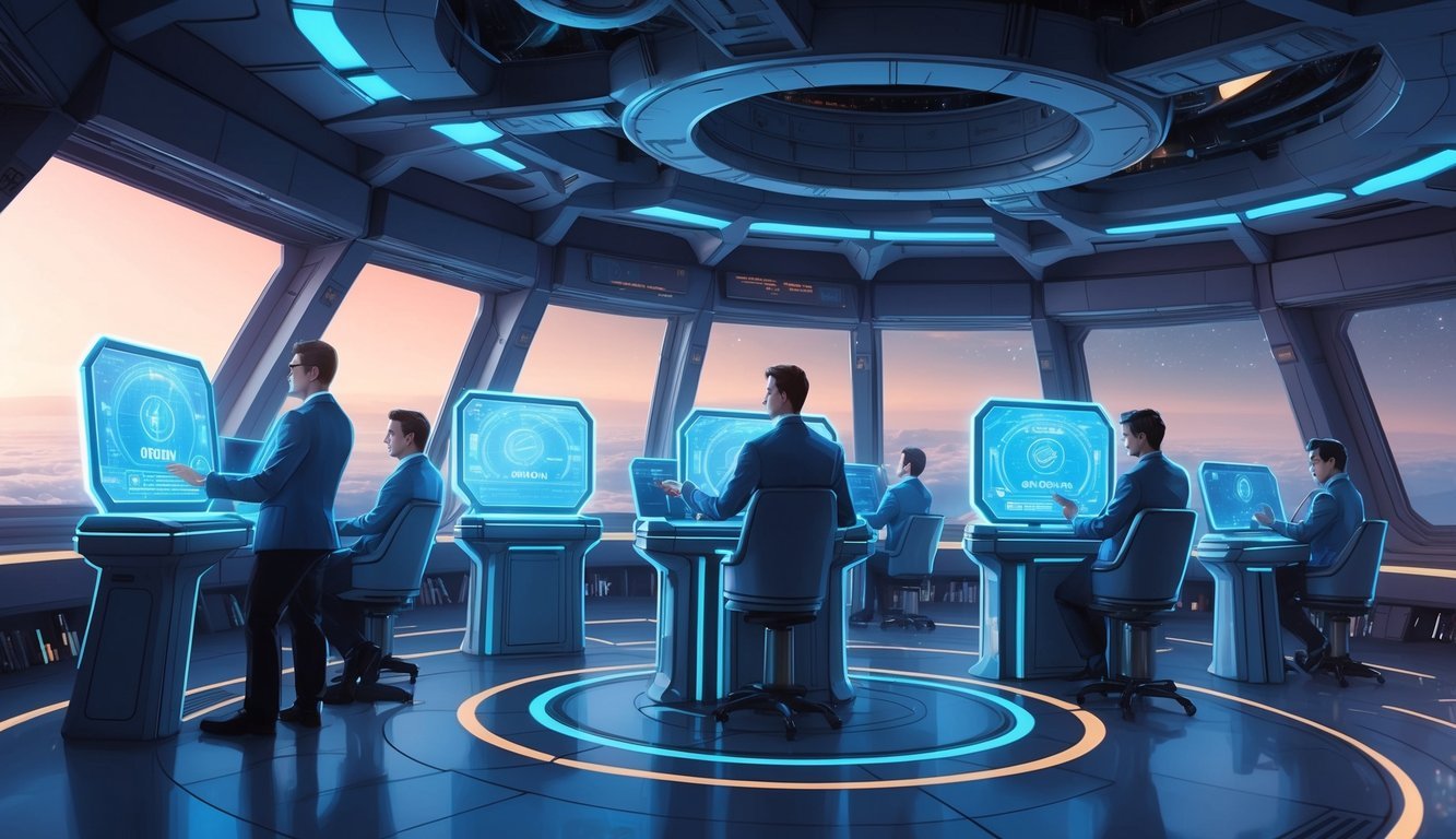 A futuristic space station with traders using holographic displays to interact with Orion Protocol's decentralized trading platform