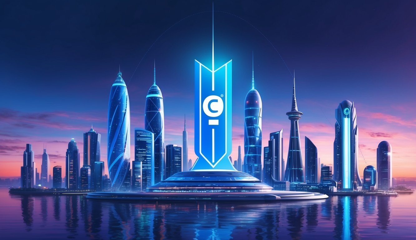 A futuristic city skyline with the COTI logo prominently displayed on a high-tech building