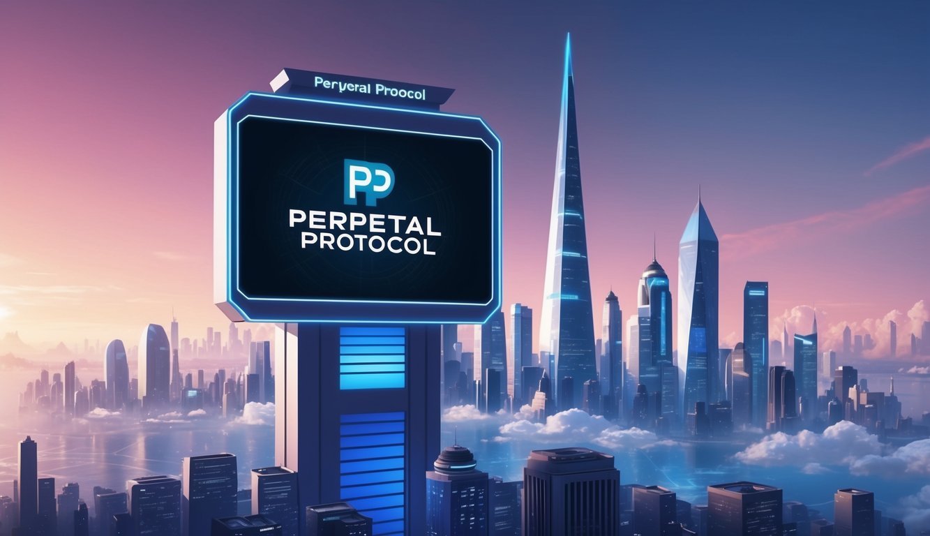 A futuristic city skyline with the Perpetual Protocol logo prominently displayed on a large digital billboard