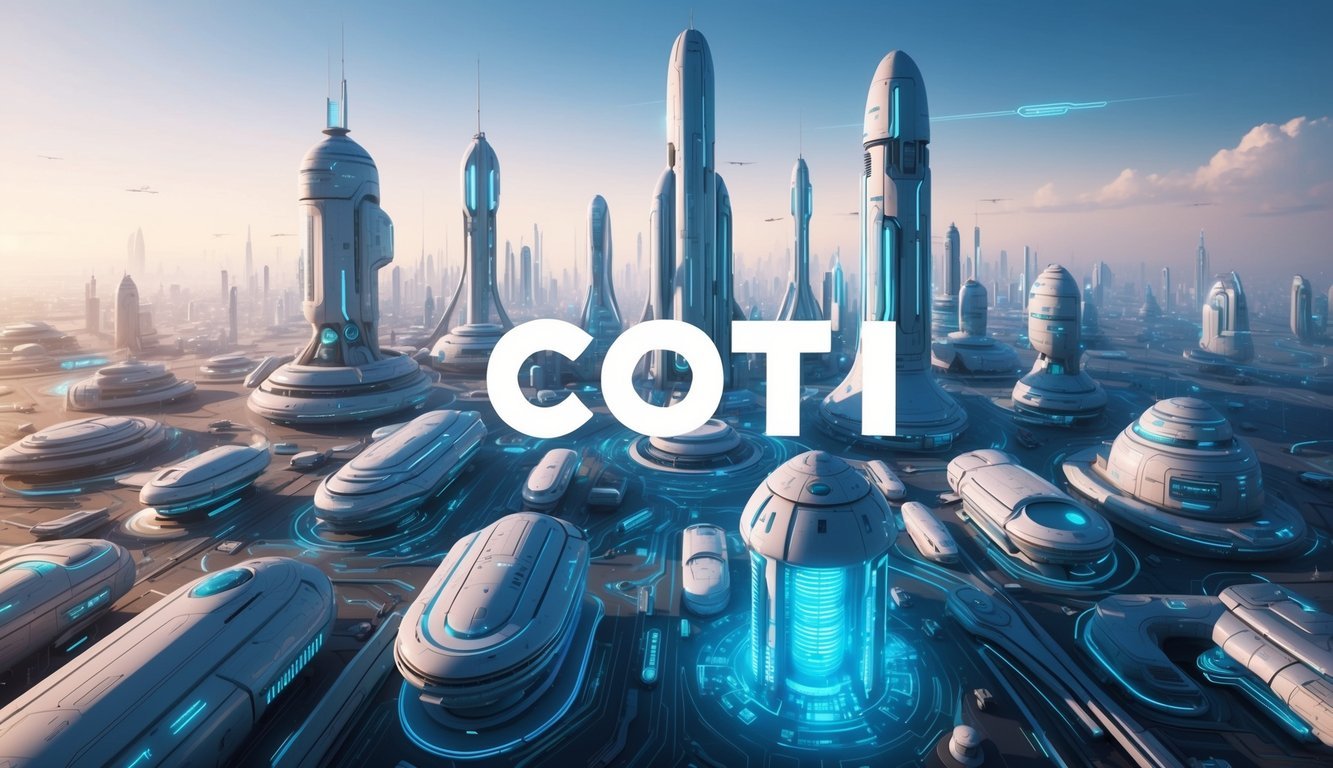 A futuristic, abstract cityscape with the letters "COTI" prominently displayed in the center.</p><p>The city is bustling with activity and filled with advanced technology