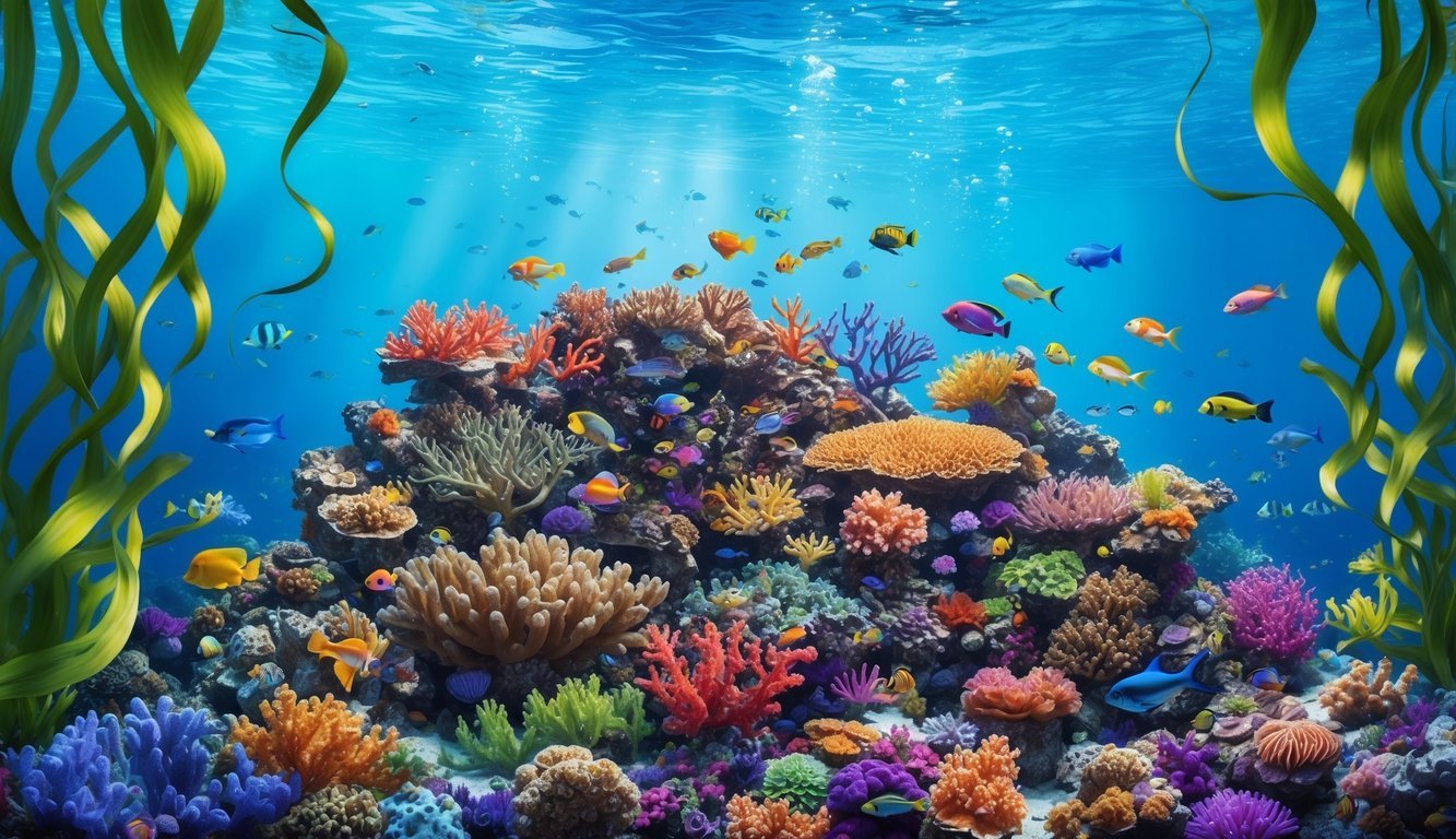 A vibrant coral reef teeming with colorful marine life, surrounded by crystal clear waters and swaying seaweed