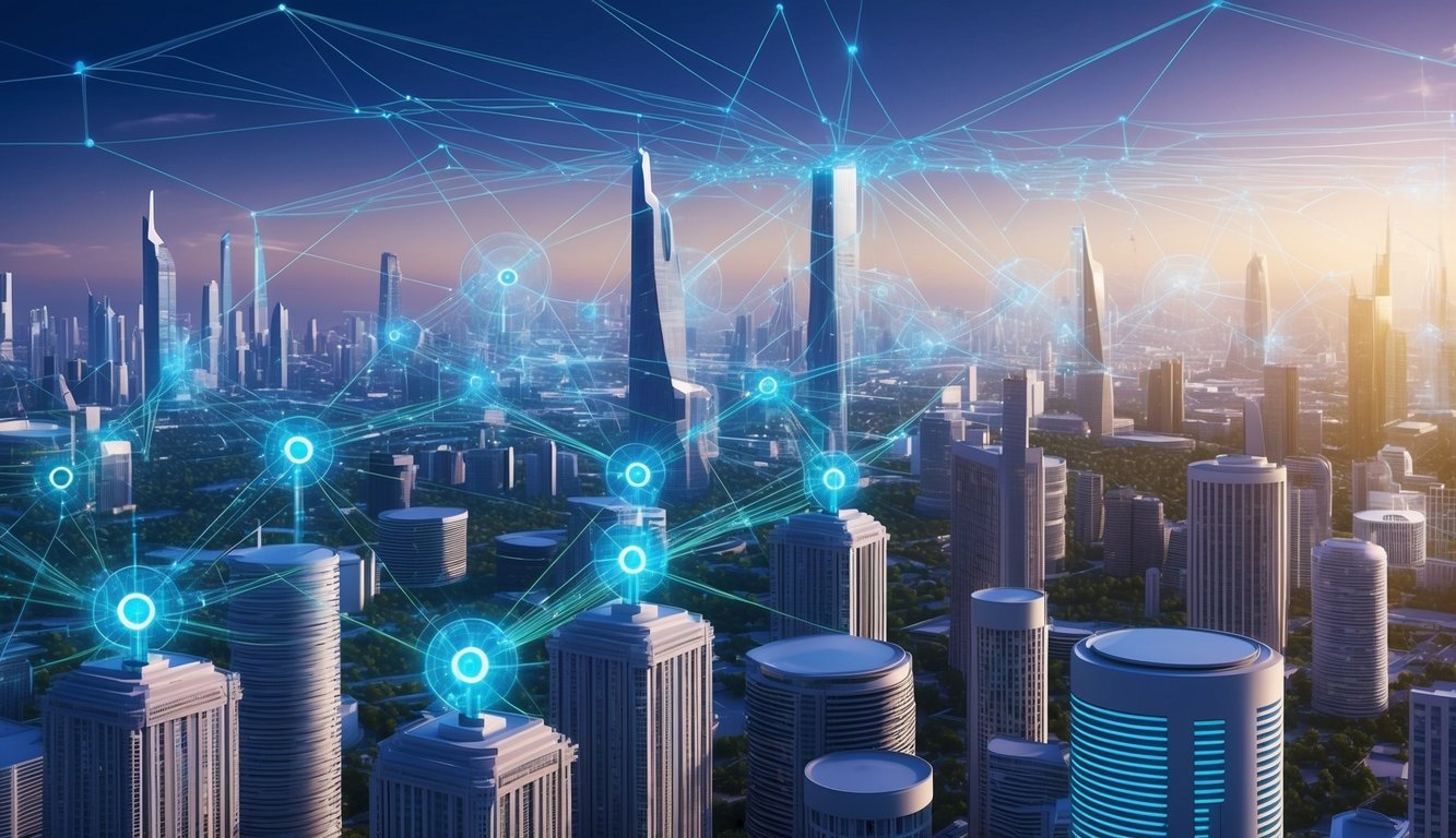 A futuristic cityscape with interconnected nodes and data streams representing the decentralized nature of Phala Network (PHA)