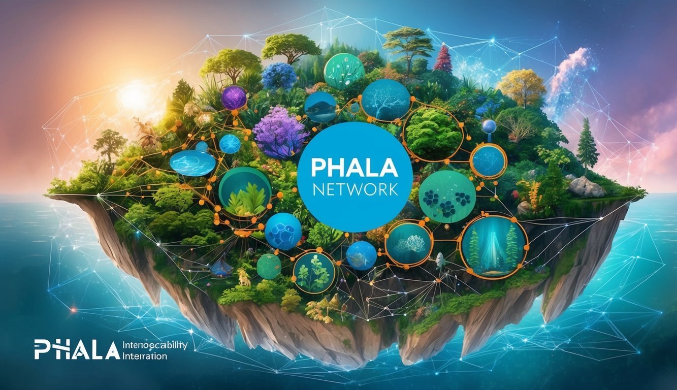 A vibrant, interconnected web of diverse ecosystems, symbolizing Phala Network's interoperability and integration