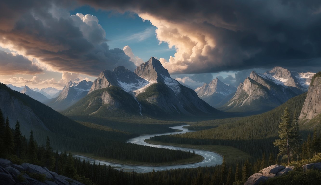 A vast, rugged landscape with towering mountains, dense forests, and a winding river under a dramatic, cloudy sky