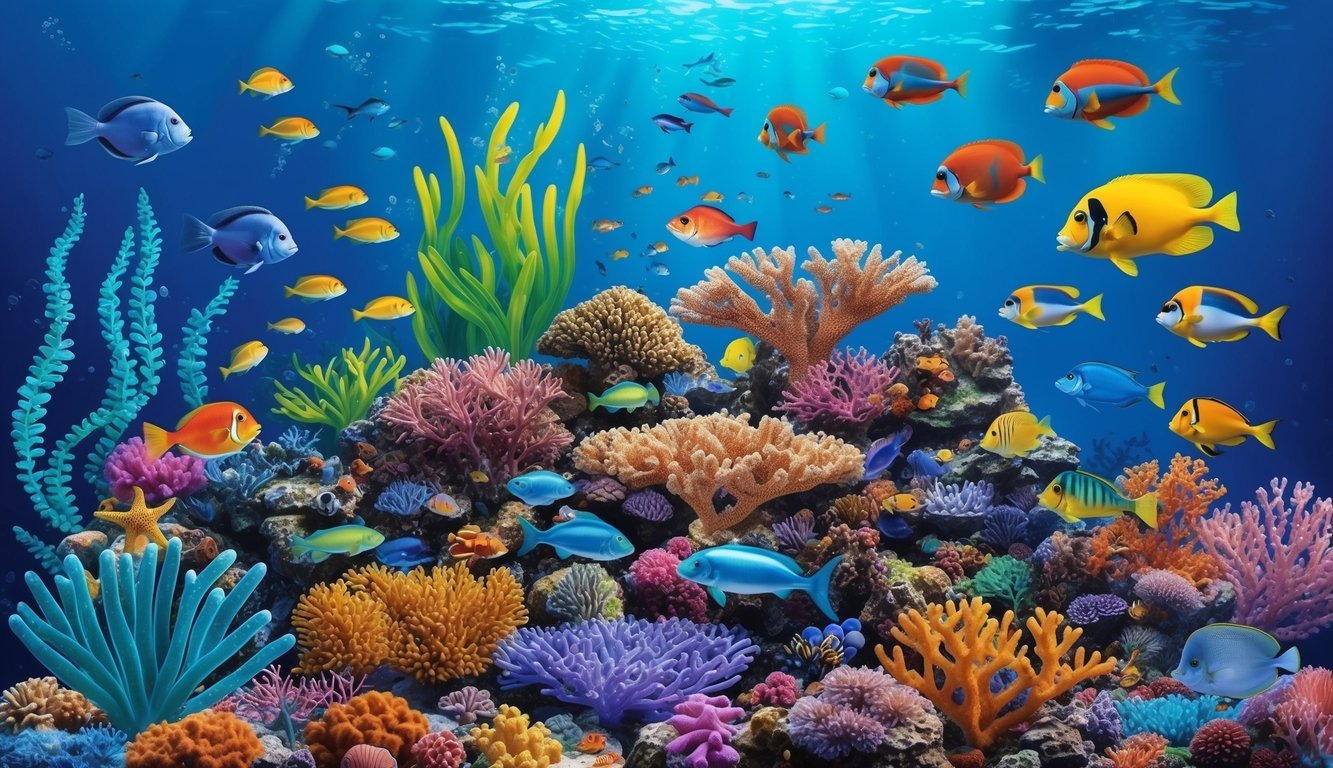 A vibrant coral reef with diverse marine life, including colorful fish and swaying sea plants, creating a lively and dynamic underwater ecosystem