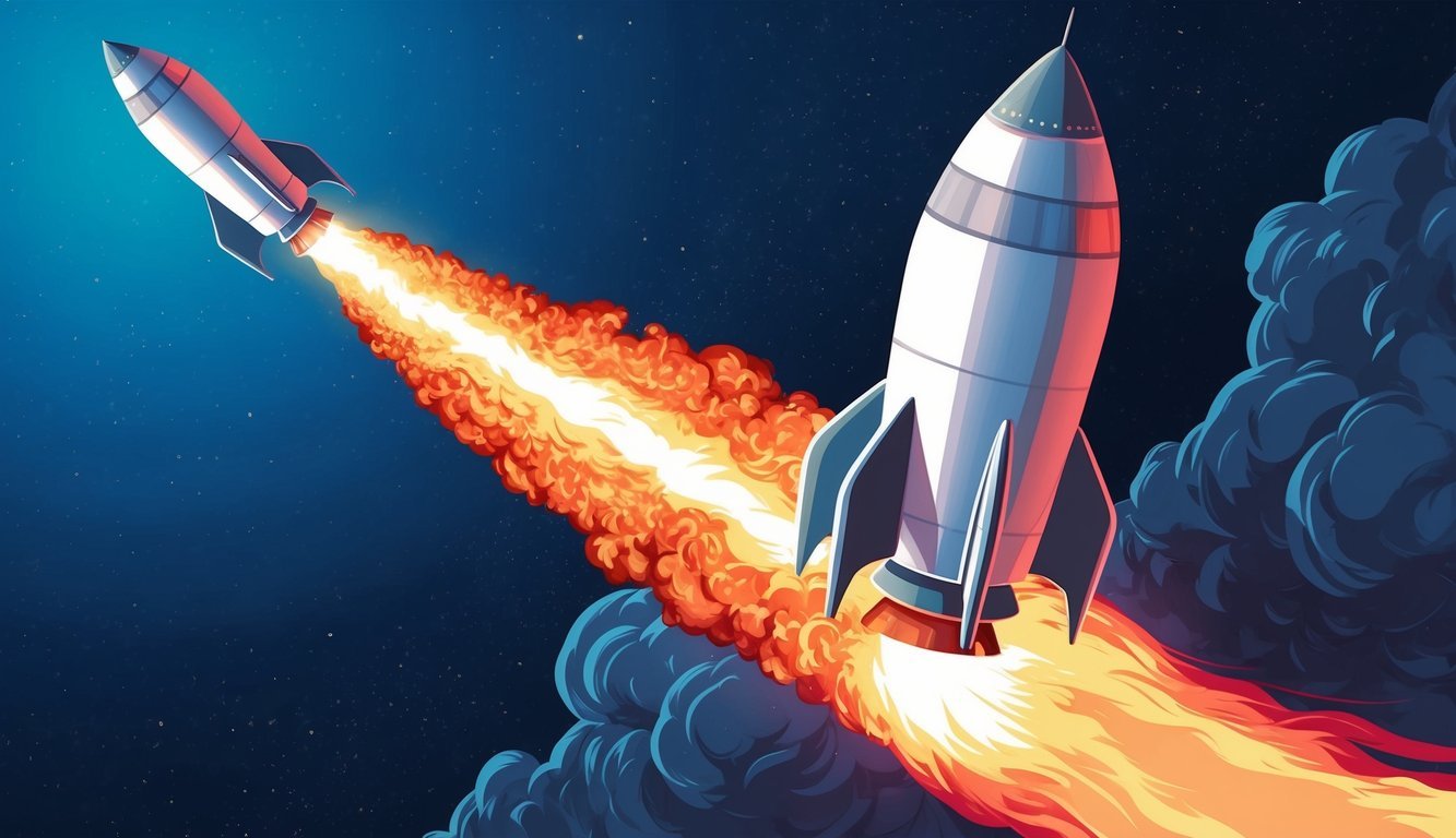 A rocket ship launching into space with a trail of fire behind it