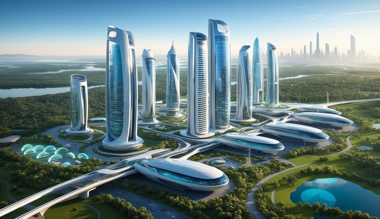 A futuristic cityscape with sleek, towering buildings and advanced transportation systems, surrounded by lush greenery and clean energy sources