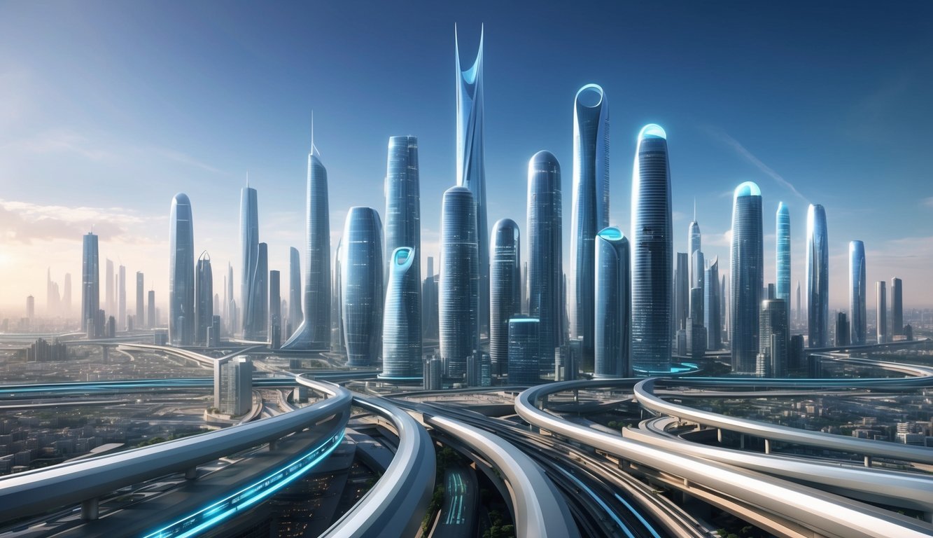 A futuristic city skyline with towering skyscrapers and sleek, high-speed transportation systems weaving through the urban landscape