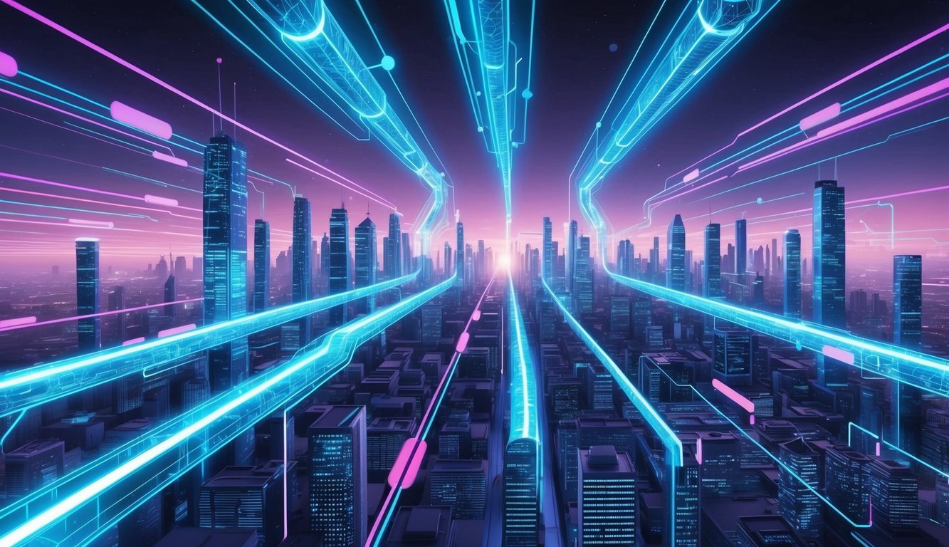 A futuristic cityscape with interconnected data streams flowing through neon-lit buildings, symbolizing Litentry's decentralized identity verification system