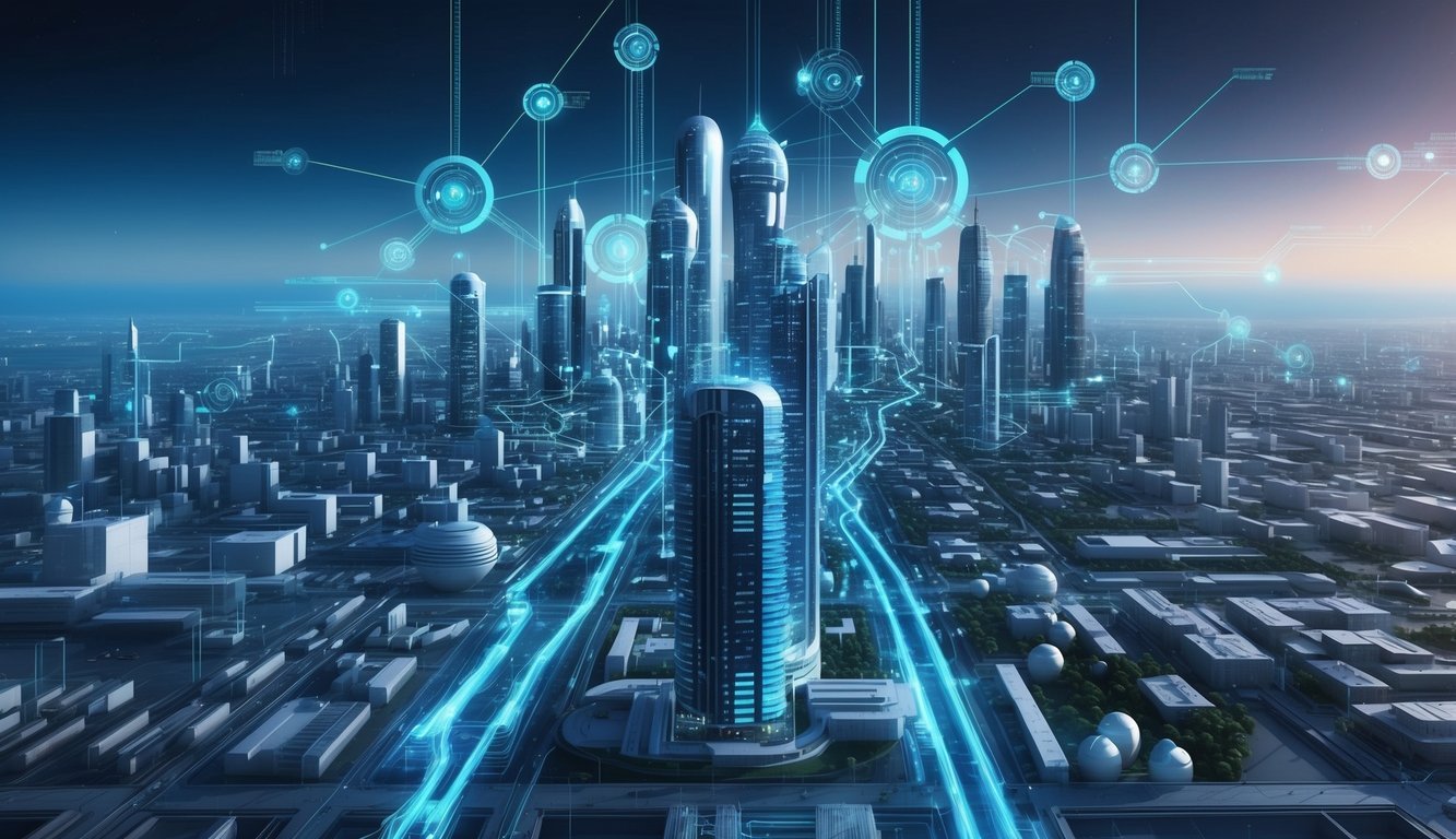 A futuristic cityscape with interconnected nodes and data streams, representing the technical architecture of Litentry (LIT)