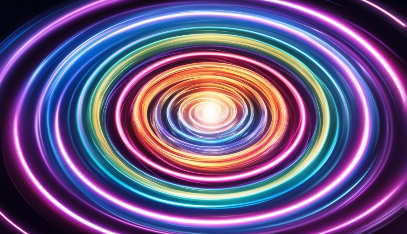 A swirling vortex of colorful energy emanating from a central point, radiating outward in all directions