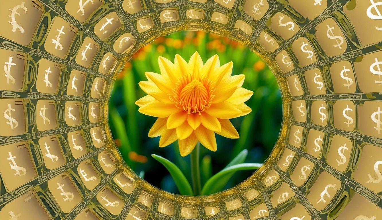 A golden saffron flower blooming in a lush green field, surrounded by a swirling pattern of currency symbols