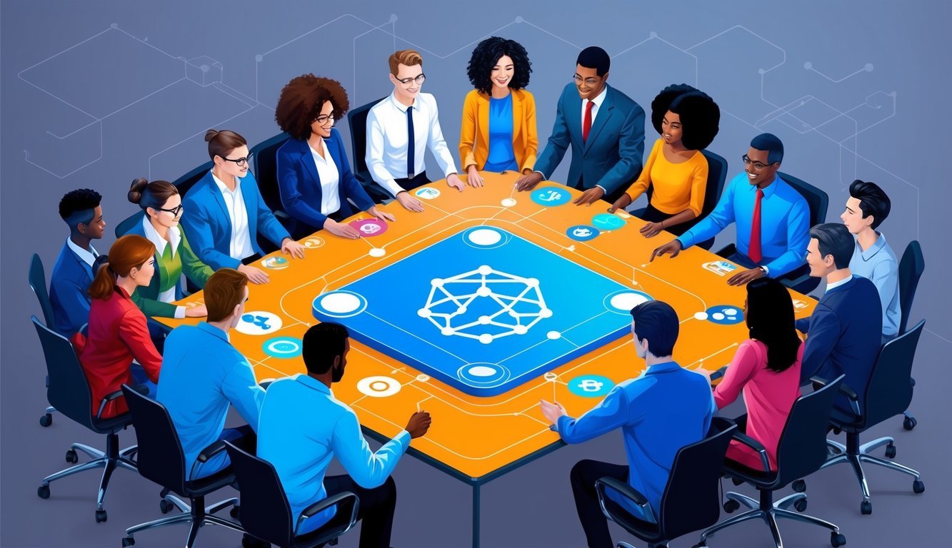 A group of diverse individuals gather around a digital platform, symbolizing the Sora (XOR) community's governance and collaboration