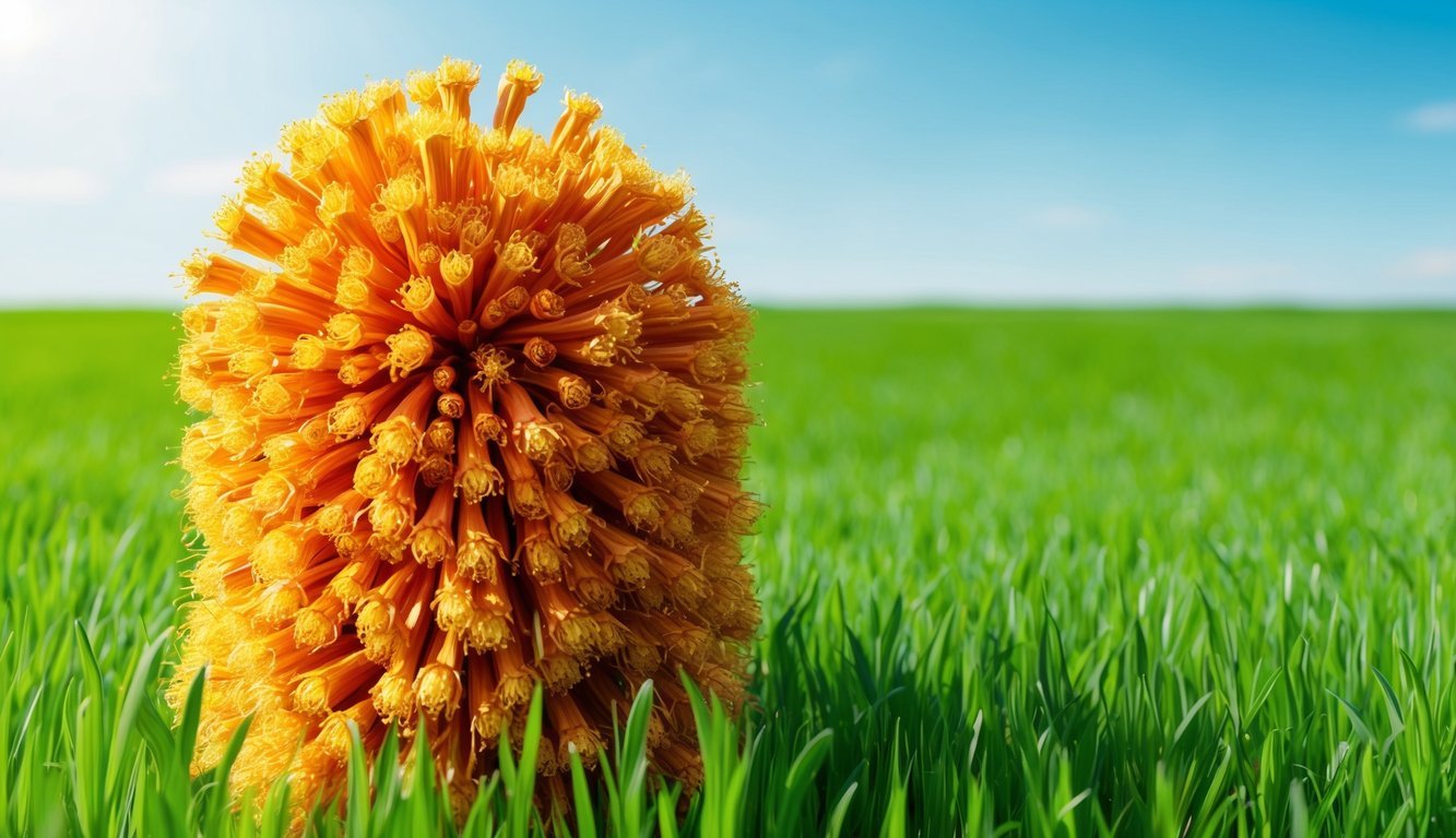 A stack of golden saffron flowers growing from a vibrant green field, with a clear blue sky in the background