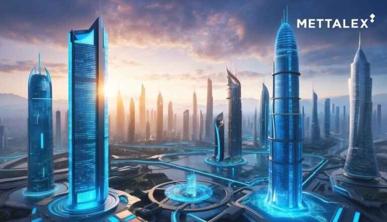 Futuristic cityscape with tall, blue skyscrapers and glowing infrastructure