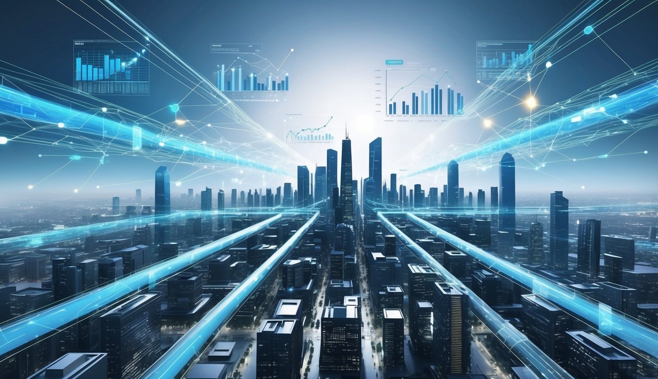 A futuristic cityscape with interconnected data streams and financial charts hovering in the air, symbolizing Mettalex's mission to revolutionize decentralized finance