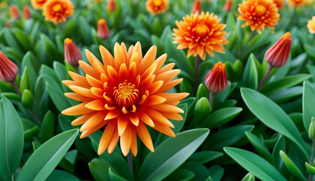 A vibrant saffron flower blooming amidst a field of green leaves