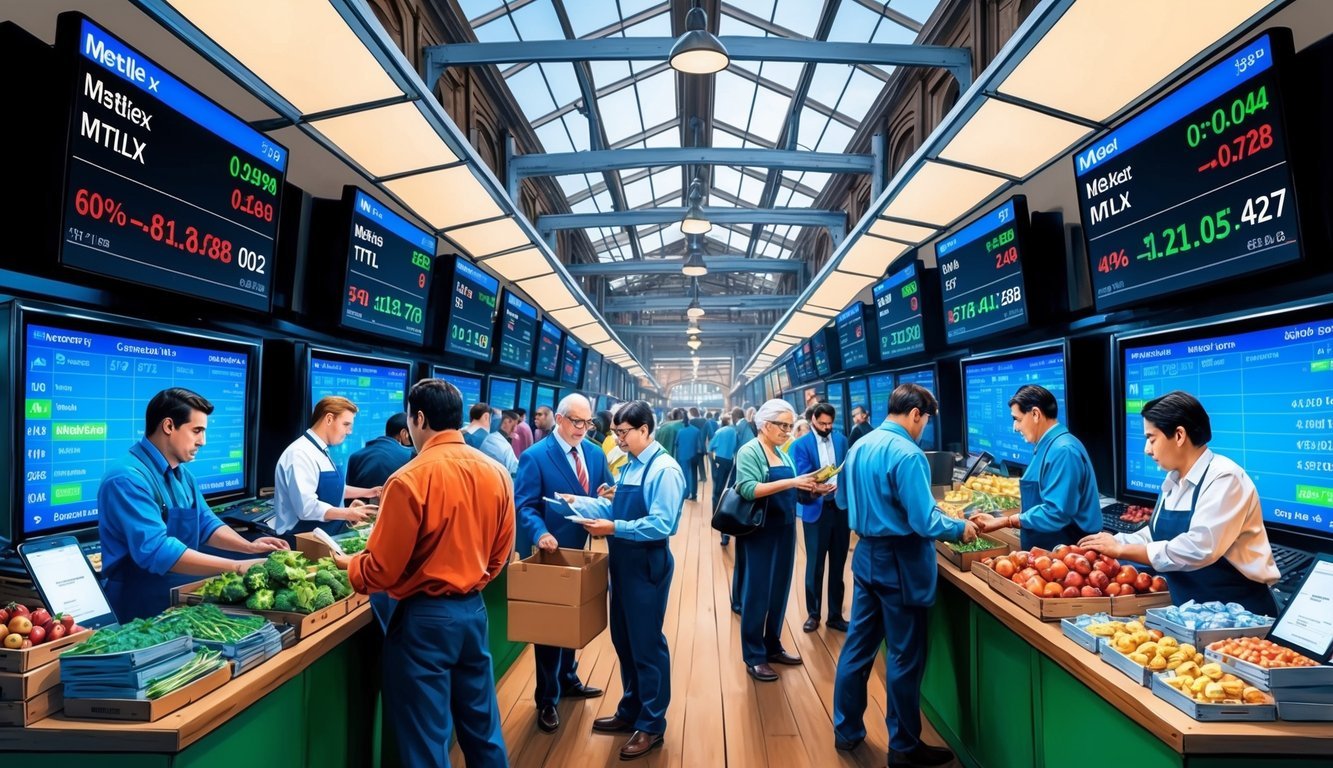 A bustling market scene with traders exchanging goods and information, surrounded by digital screens displaying Mettalex (MTLX) trading data