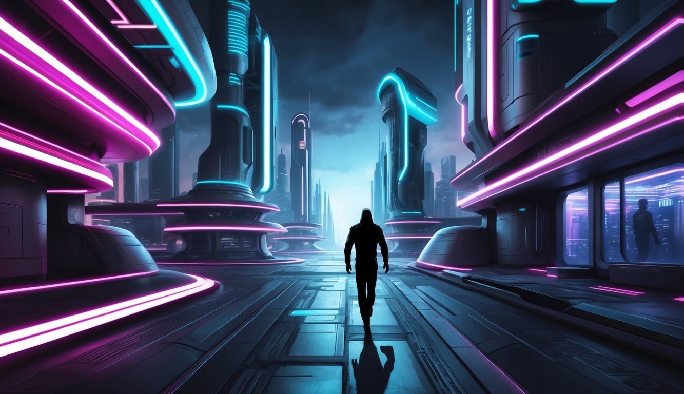 A futuristic cityscape with neon lights and sleek, high-tech buildings, with a shadowy figure moving stealthily through the alleyways