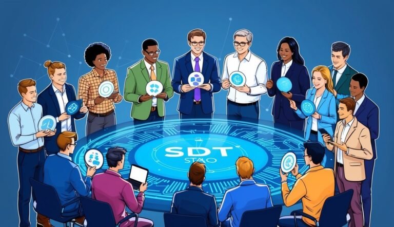 Diverse group of people around a table with SDT logo, holding icons
