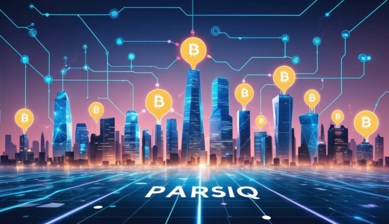 City skyline with Bitcoin symbols, connected by a network, and the word PARSIQ