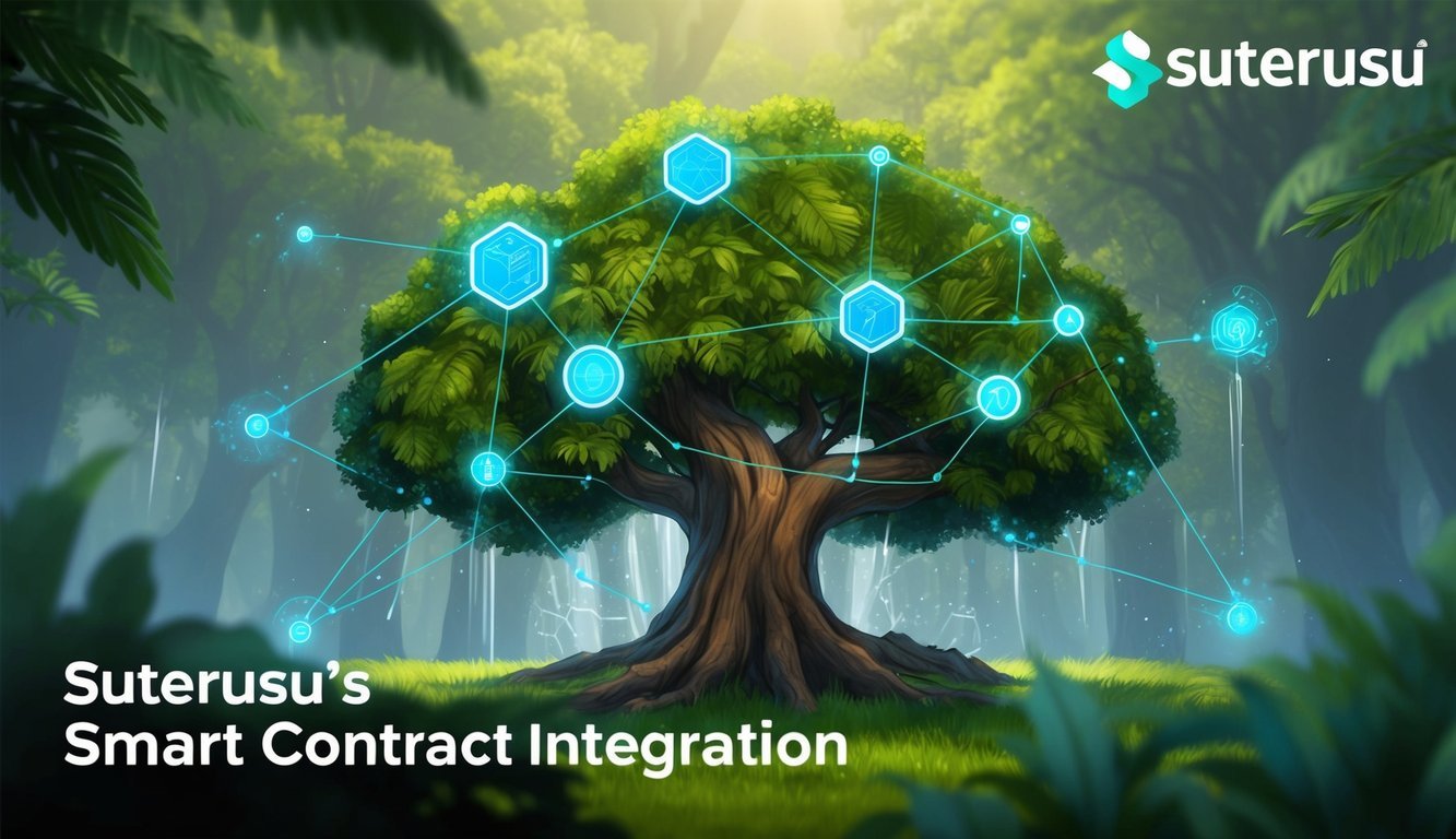 A lush ecosystem with interconnected nodes, representing Suterusu's smart contract integration