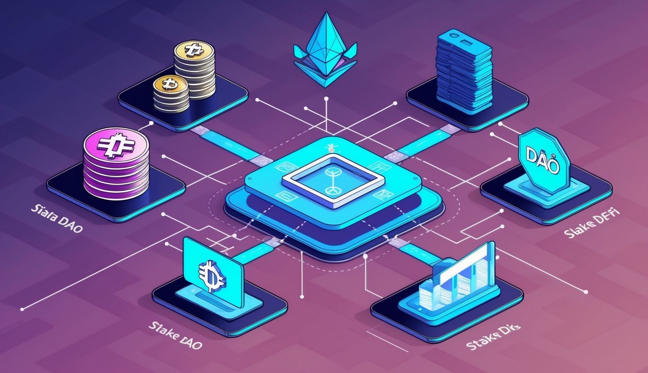 A group of interconnected digital assets and DeFi platforms forming a decentralized ecosystem, with Stake DAO at the center