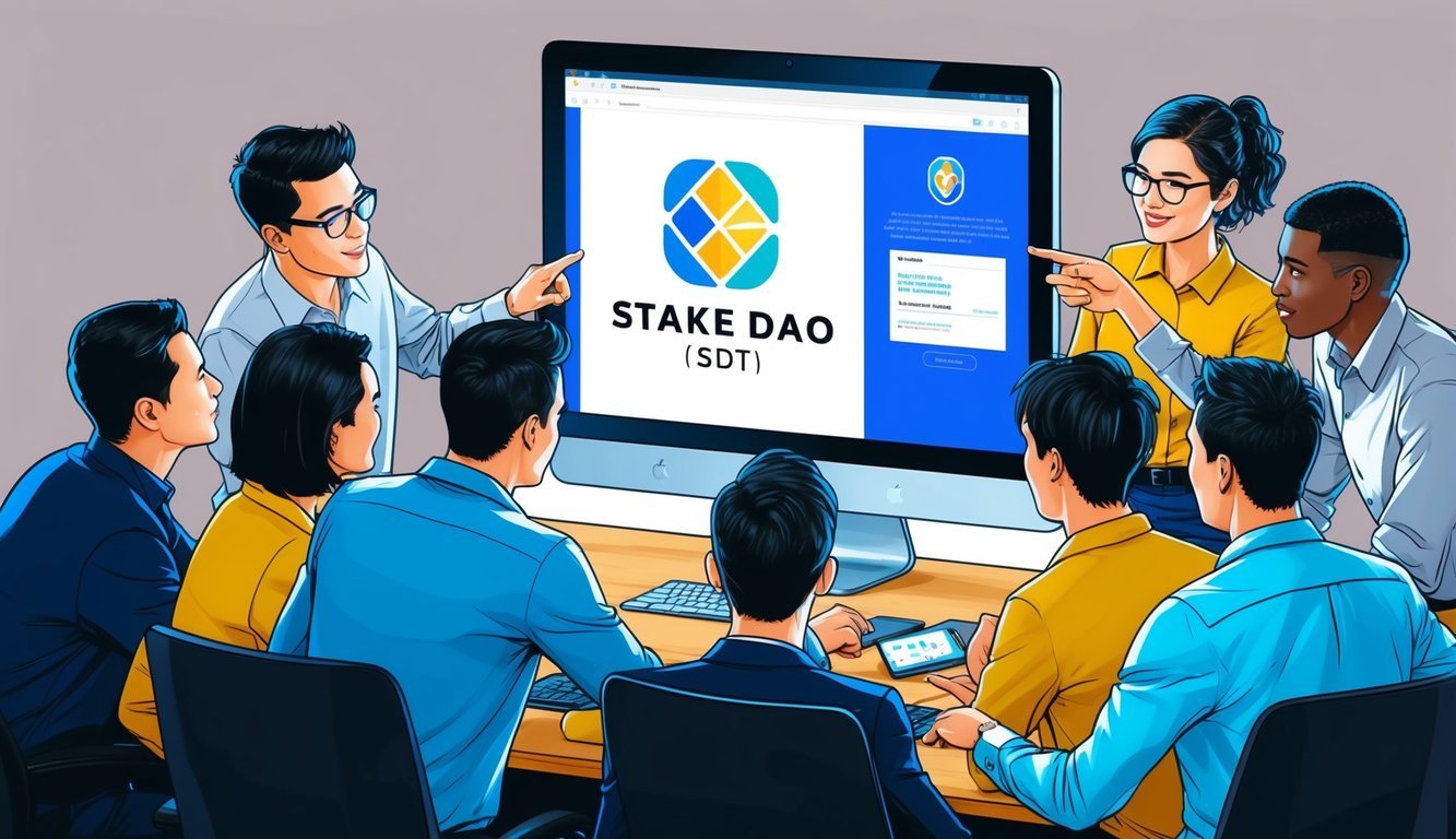 A group of people gathered around a computer screen, pointing and discussing.</p><p>The screen displays the logo and information about Stake DAO (SDT)