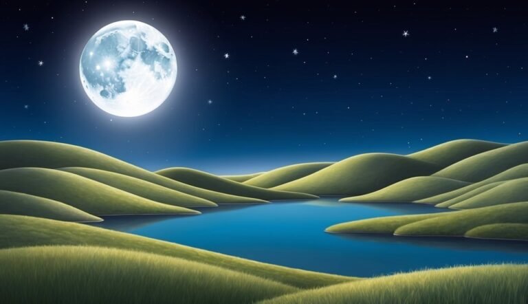 Full moon over rolling hills, lake, and starry night sky