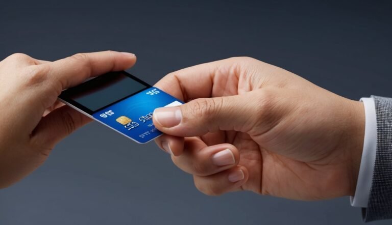 Hands holding a blue credit card, possibly for a transaction