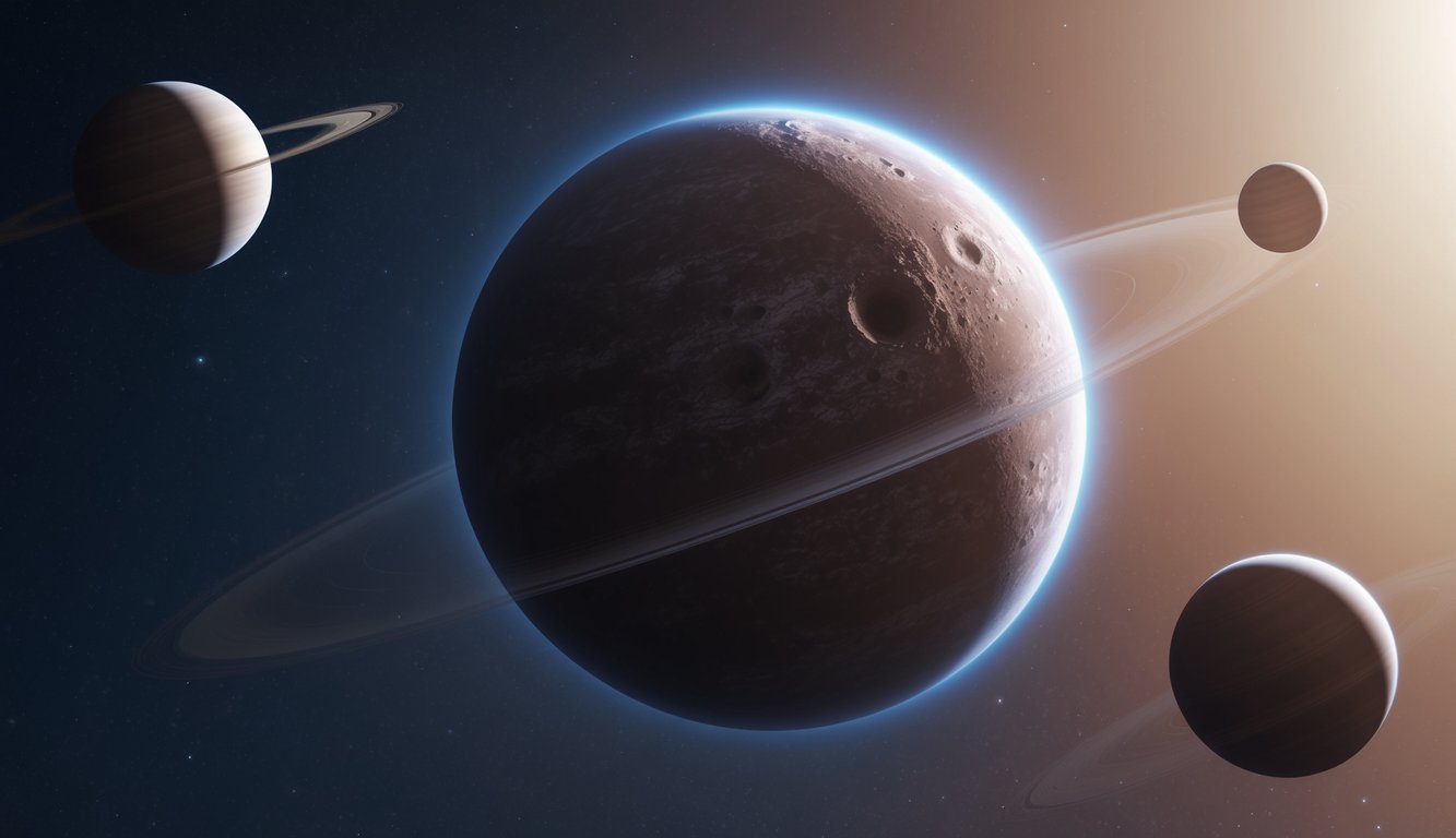 A distant planet with a rocky surface and a hazy atmosphere, surrounded by smaller orbiting moons