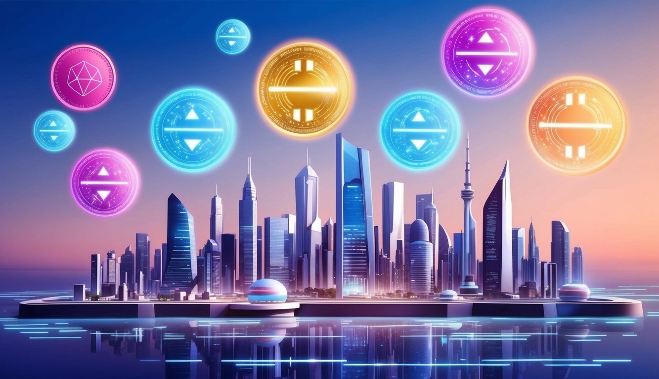 A futuristic city skyline with digital currency symbols floating above, representing the economic mechanics of Terra (LUNA) tokenomics